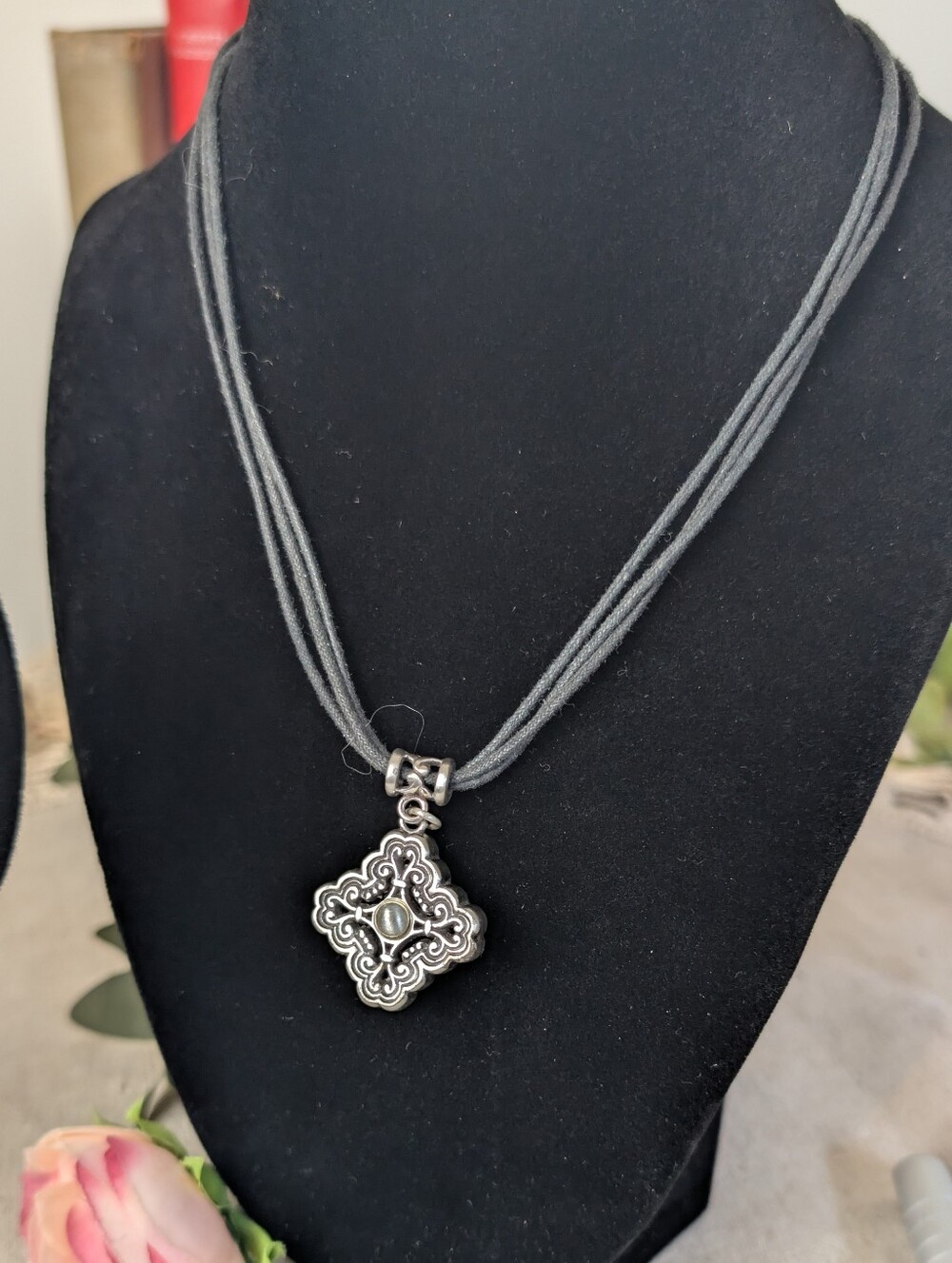Brighton Silver Plated Scroll Pendant Black Cord Necklace + Floral Pouch